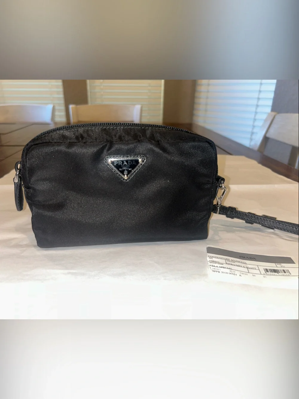 NEW Prada Black Nylon Zip Wristlet with Silver Triangle Logo